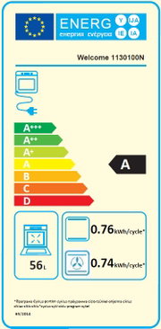 Energieeffizienzlabel für ein Küchengerät mit der Klasse A, 56 Liter Volumen, 0,76 kWh pro Zyklus für Backen und 0,74 kWh pro Zyklus für Umluft. Frontalansicht.