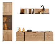 Moderne wandcombinatie van hout met vitrinekast, plank en dressoir, gezien vanaf de voorkant.