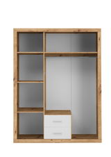 Drehtürenschrank 3-türig in Holzoptik mit offenen Fächern und Schubladen, frontale Ansicht