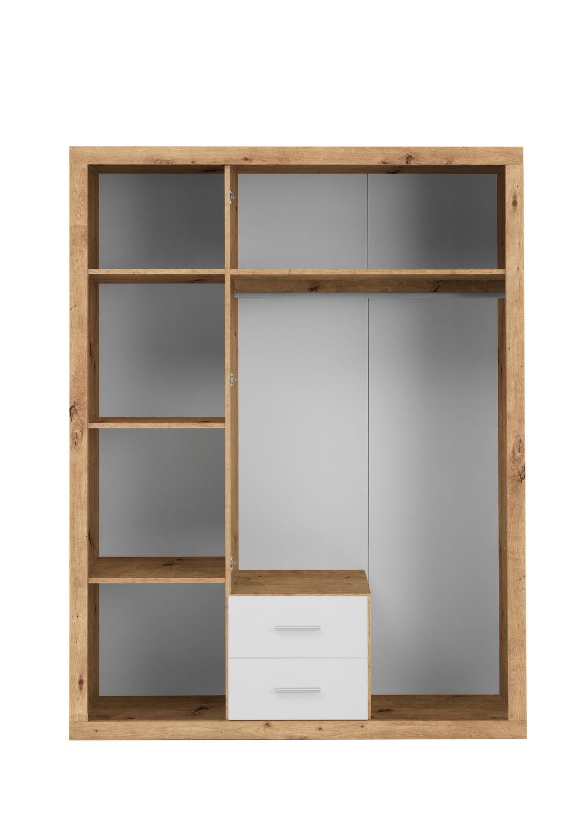 Drehtürenschrank 3-türig in Holzoptik mit offenen Fächern und Schubladen, frontale Ansicht