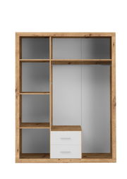 Drehtürenschrank 3-türig in Holzoptik mit offenen Fächern und Schubladen, frontale Ansicht