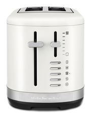 Weißer 2-Schlitz-Toaster mit Bedienelementen auf der Vorderseite, Frontalansicht