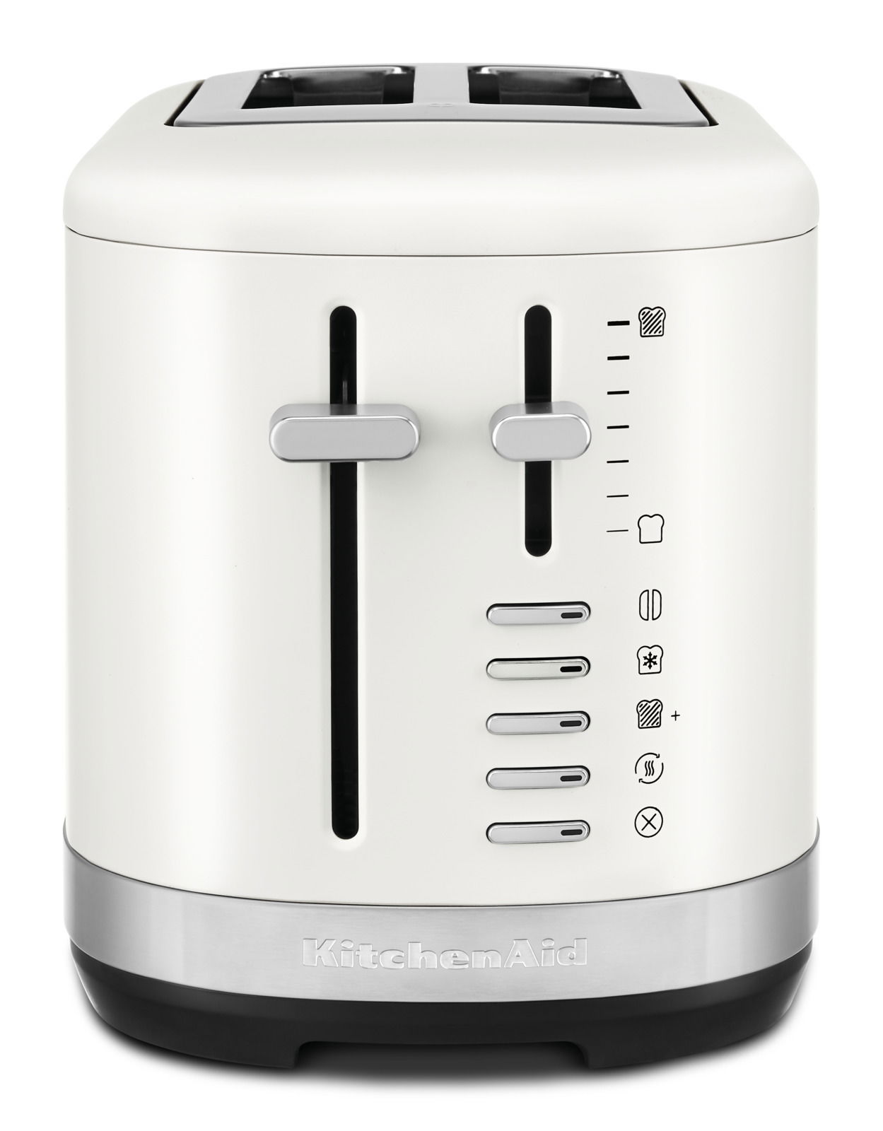 Weißer 2-Schlitz-Toaster mit Bedienelementen auf der Vorderseite, Frontalansicht