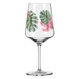 Weinglas mit tropischem Blatt- und Blumenmuster, seitliche Perspektive