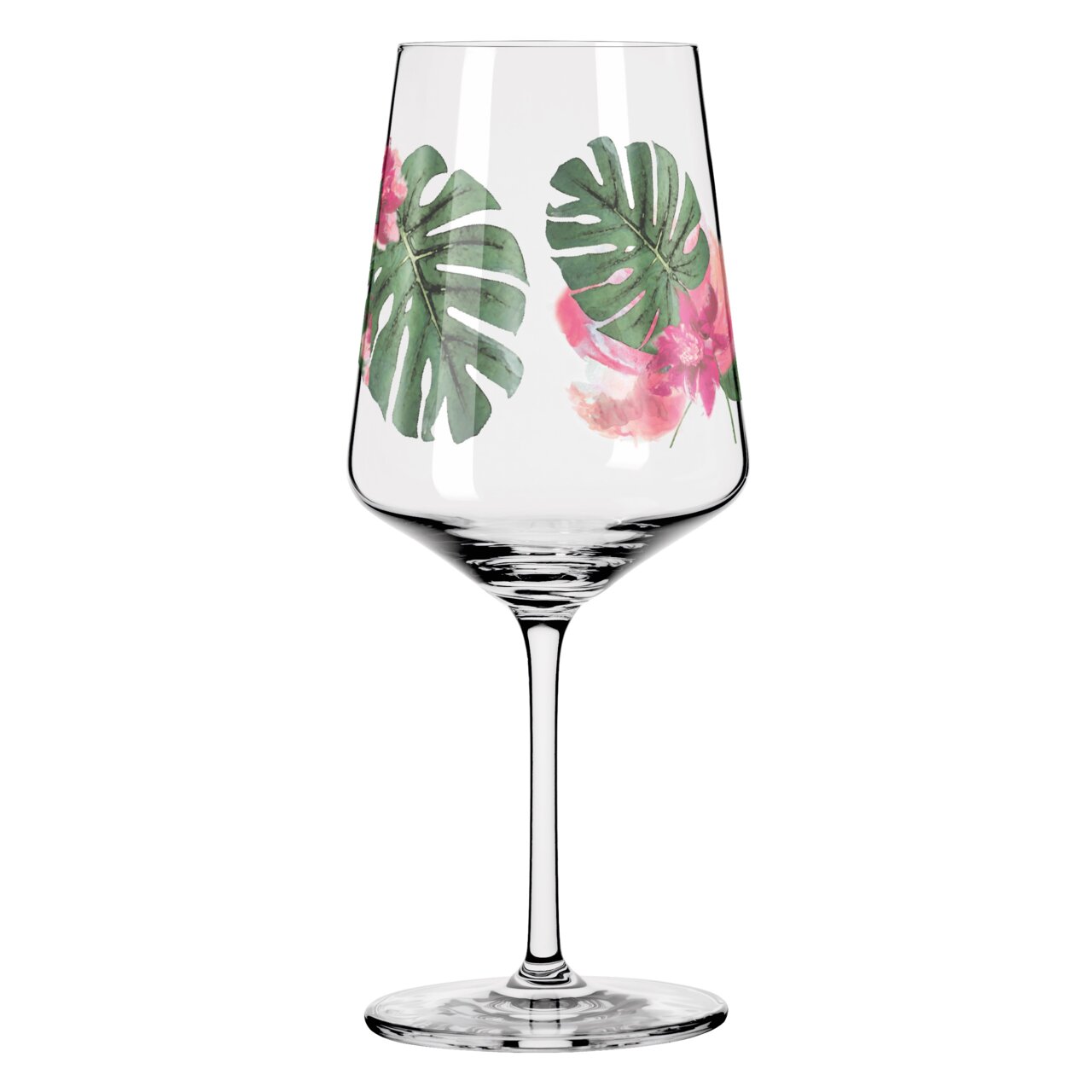 Wijnglas met tropisch blad- en bloemmotief, zijaanzicht