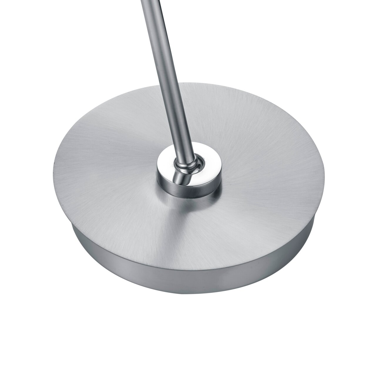 Nahaufnahme der Basis einer LED-Tischleuchte aus gebürstetem Metall mit modernem Design.