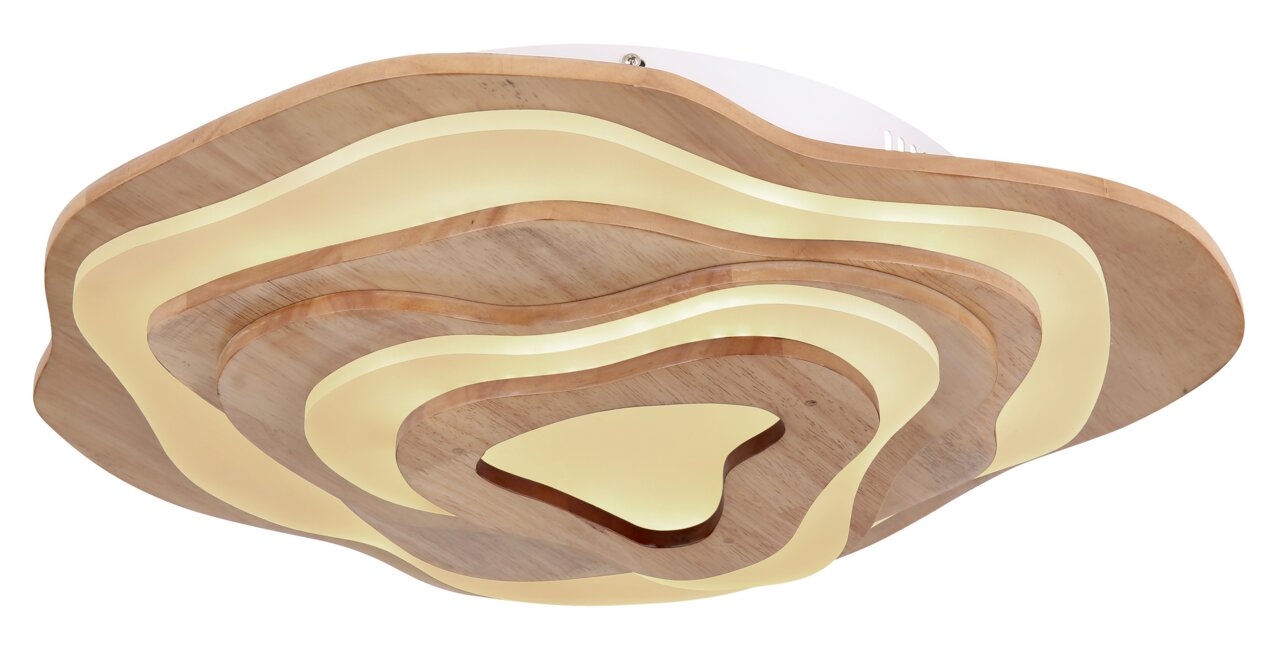 Moderne Deckenleuchte aus Holz in organischer Form, von unten betrachtet