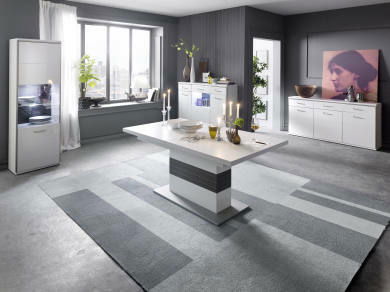 Moderner Esstisch in einem stilvollen Wohnzimmer, seitliche Perspektive