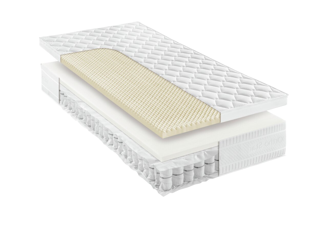 Novel Taschenfederkernmatratze H2 ORTHO STAR BRONZE TOP T Querschnitt einer Taschenfederkernmatratze H2 mit mehreren Schichten, seitliche Perspektive