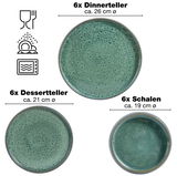 Grünes 18-teiliges Tafelservice bestehend aus 6 Dinnertellern (ca. 26 cm Ø), 6 Desserttellern (ca. 21 cm Ø) und 6 Schalen (ca. 19 cm Ø) in Draufsicht.