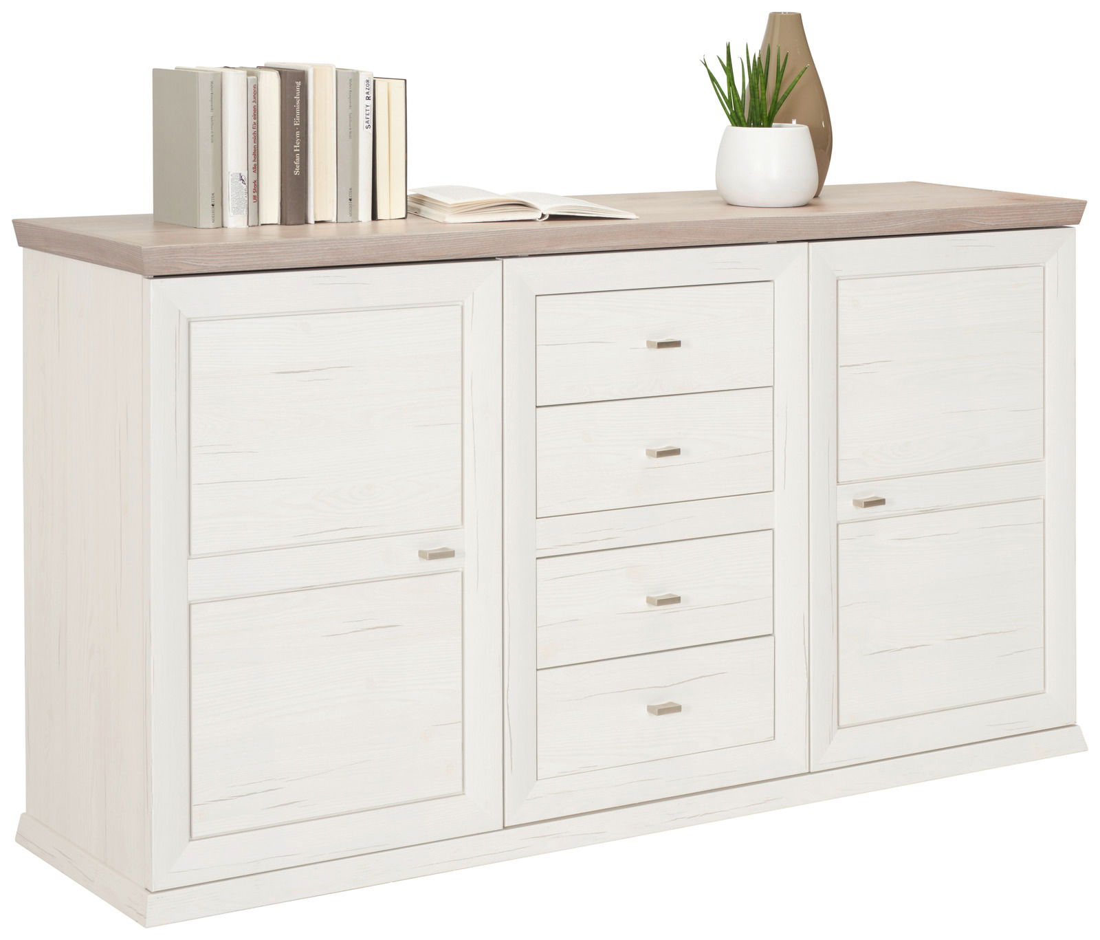 Hom´in Sideboard CAMRON Weißes Sideboard mit Holzoberfläche, drei Schubladen in der Mitte und zwei Türen an den Seiten, dekoriert mit Büchern und Pflanzen, seitliche Perspektive.