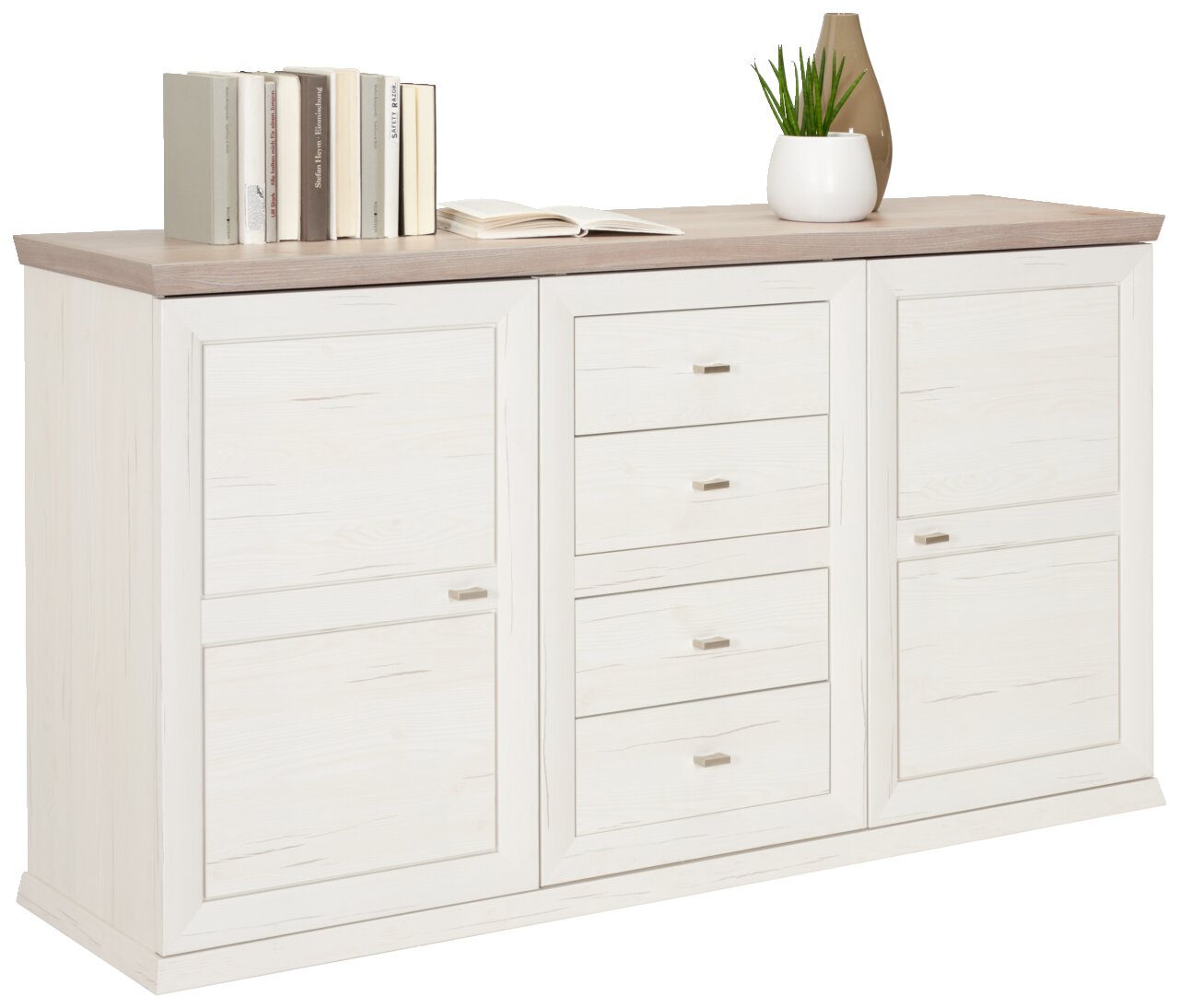 Weißes Sideboard mit Holzoberfläche, drei Schubladen in der Mitte und zwei Türen an den Seiten, dekoriert mit Büchern und Pflanzen, seitliche Perspektive.