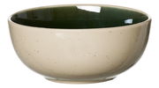 Müslischale aus Keramik, 14,5 cm, mit beiger Außenseite und dunkelgrüner Innenseite, seitliche Perspektive