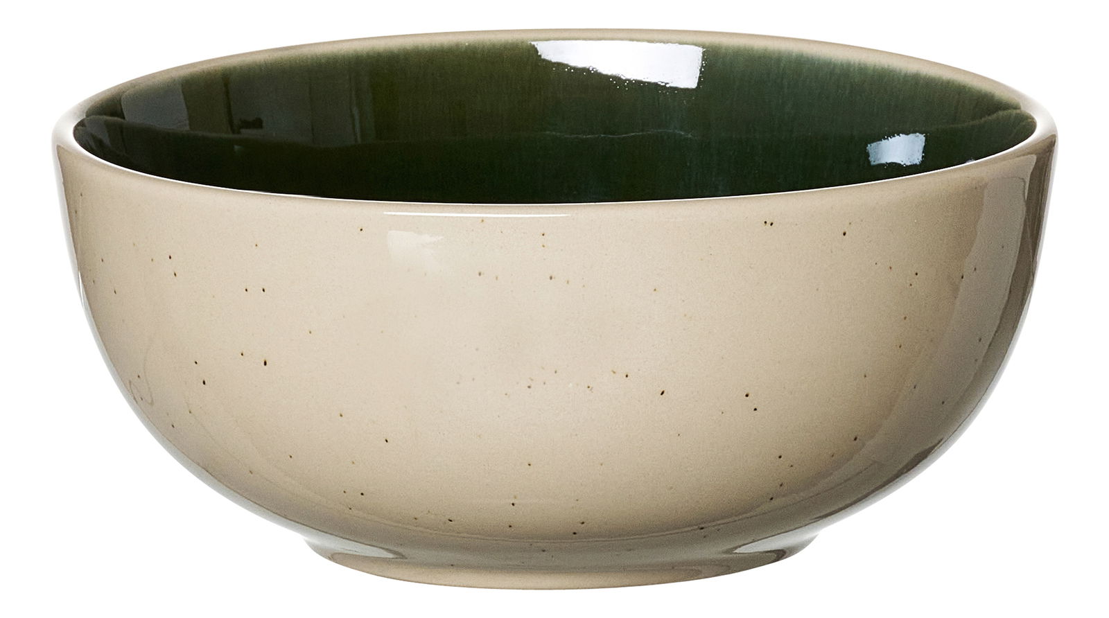 Müslischale aus Keramik, 14,5 cm, mit beiger Außenseite und dunkelgrüner Innenseite, seitliche Perspektive