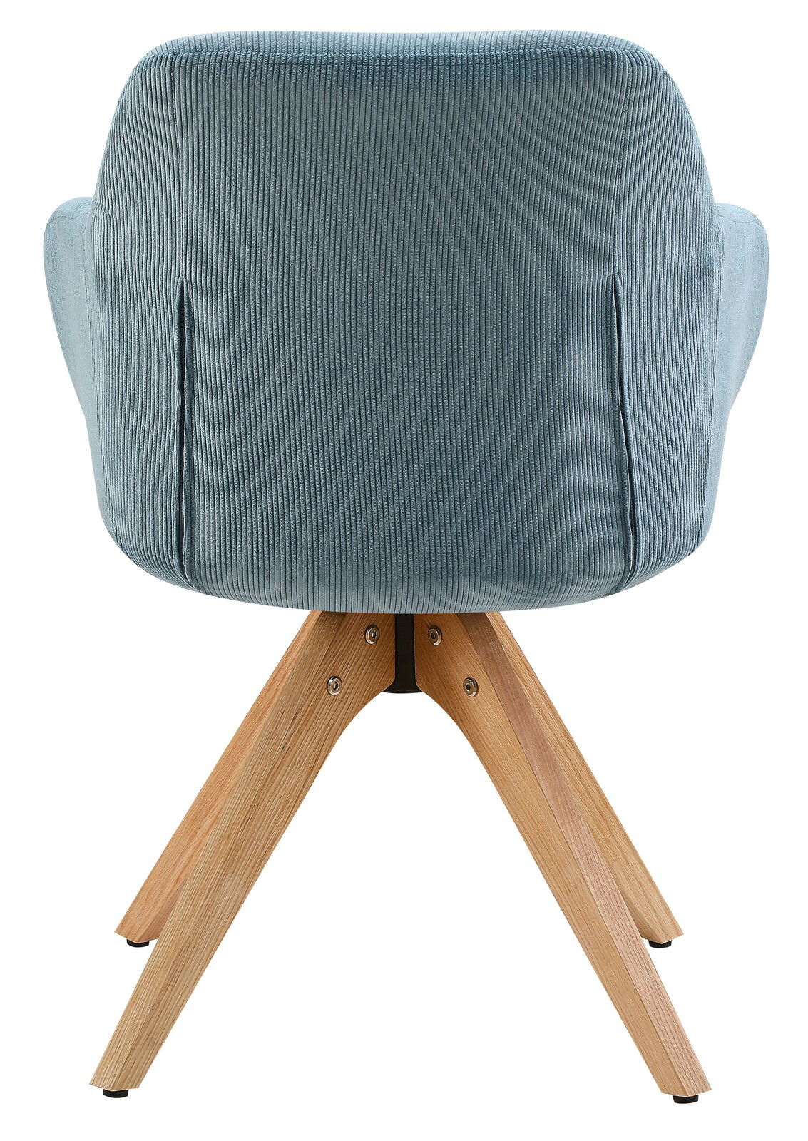 Rückansicht eines blauen Armlehnstuhls mit Holzbeinen