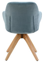 Rückansicht eines blauen Armlehnstuhls mit Holzbeinen