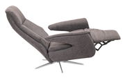Seitliche Ansicht eines grauen Relaxsessels Welnova 8103 SLIMLINE 2.0 mit ausgeklapptem Fußteil und drehbarem Metallfuß.