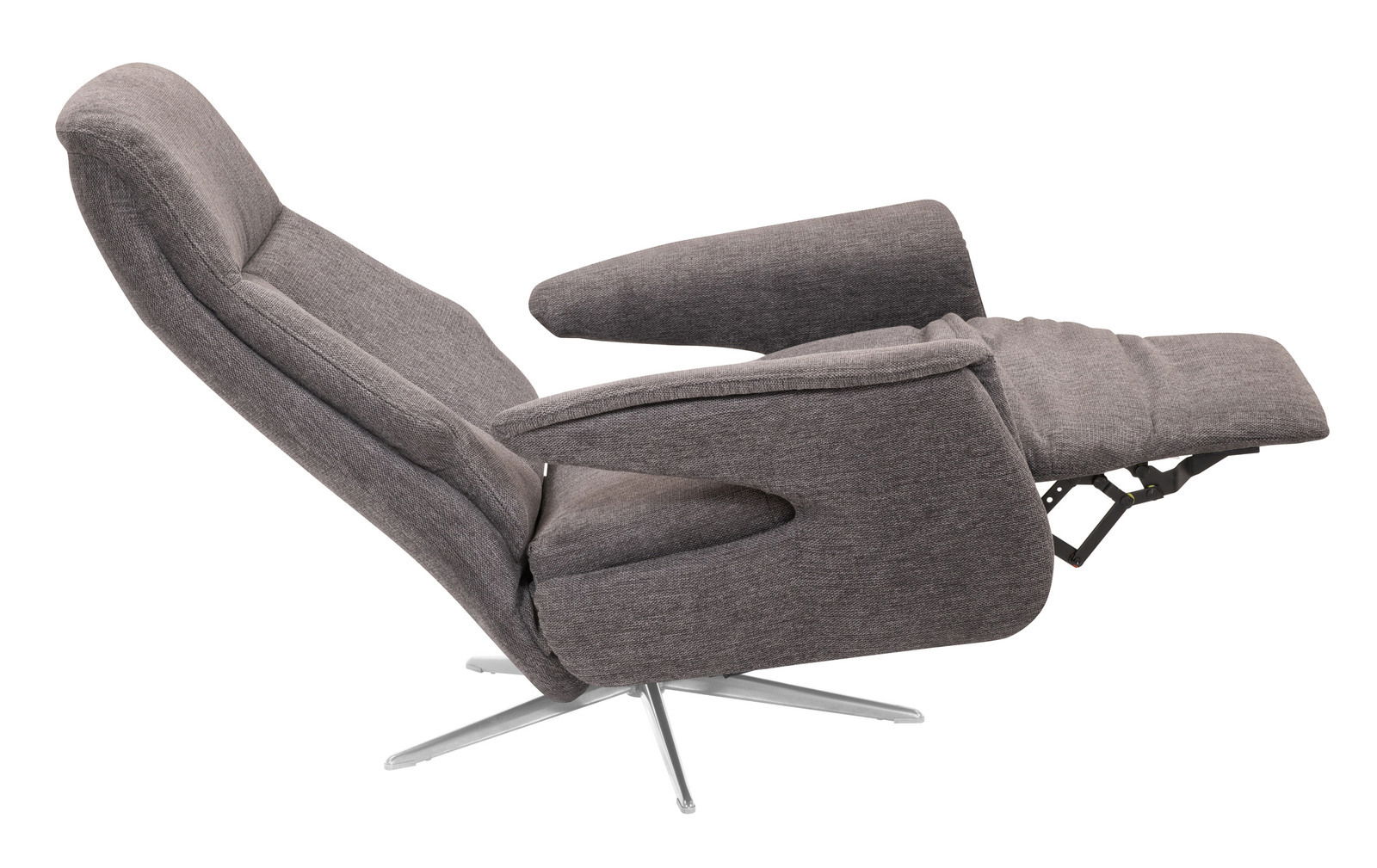 Seitliche Ansicht eines grauen Relaxsessels Welnova 8103 SLIMLINE 2.0 mit ausgeklapptem Fußteil und drehbarem Metallfuß.