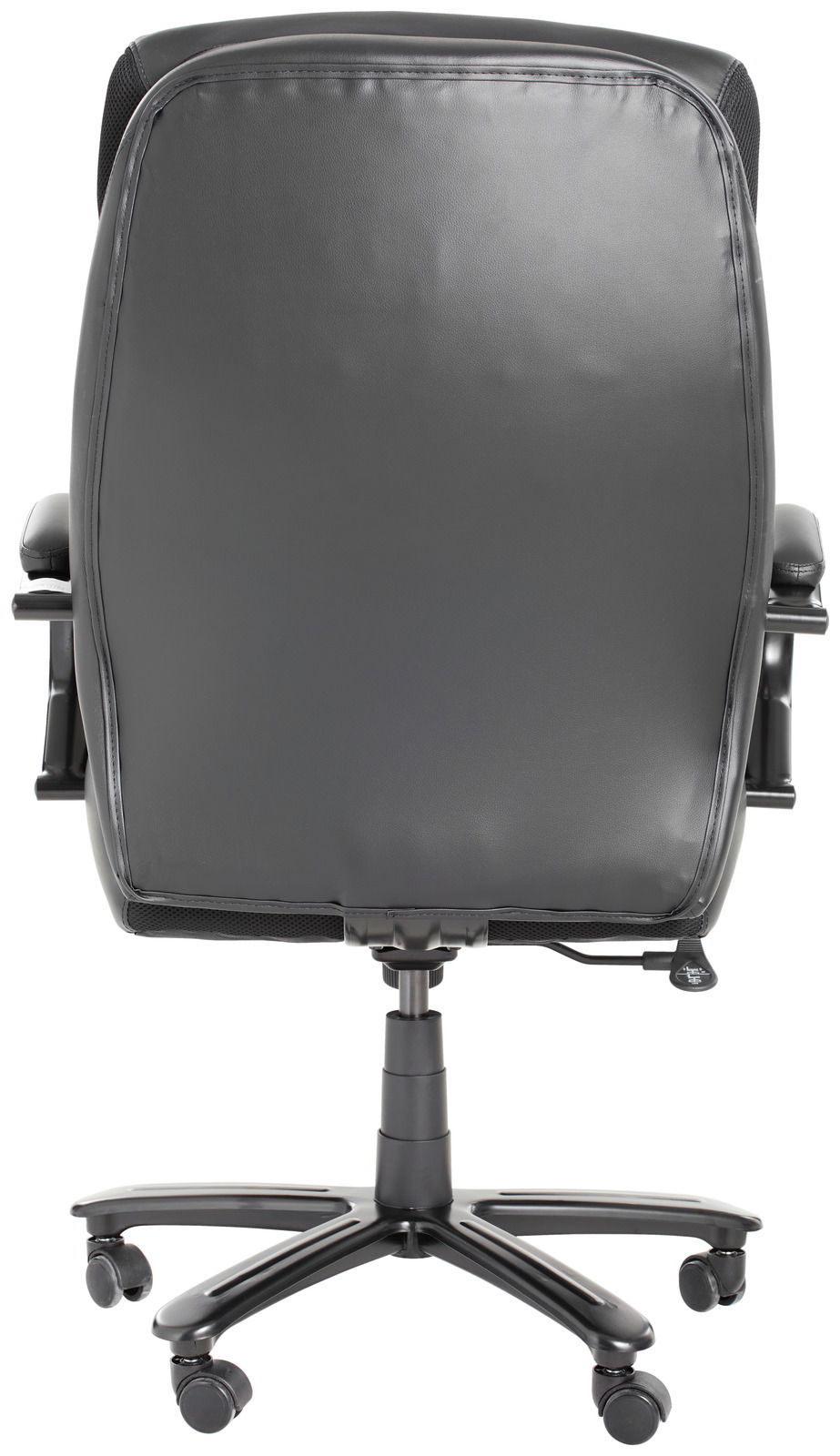 Rückansicht eines schwarzen Chefsessels mit Rollen und verstellbarer Höhe