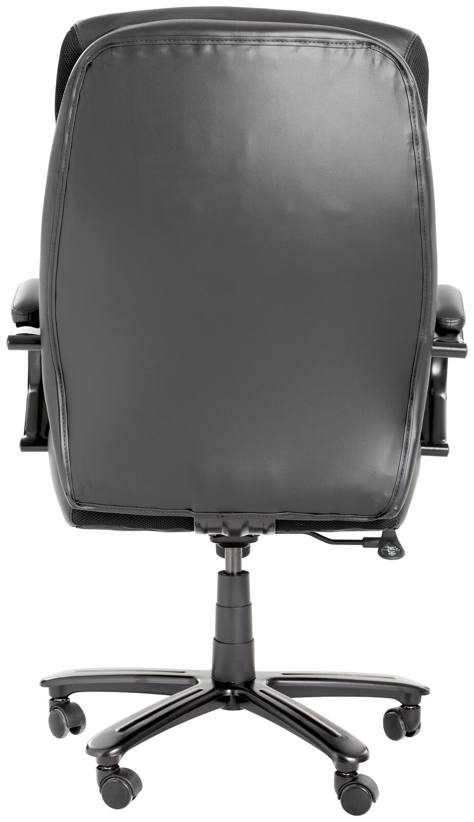 Rückansicht eines schwarzen Chefsessels mit Rollen und verstellbarer Höhe