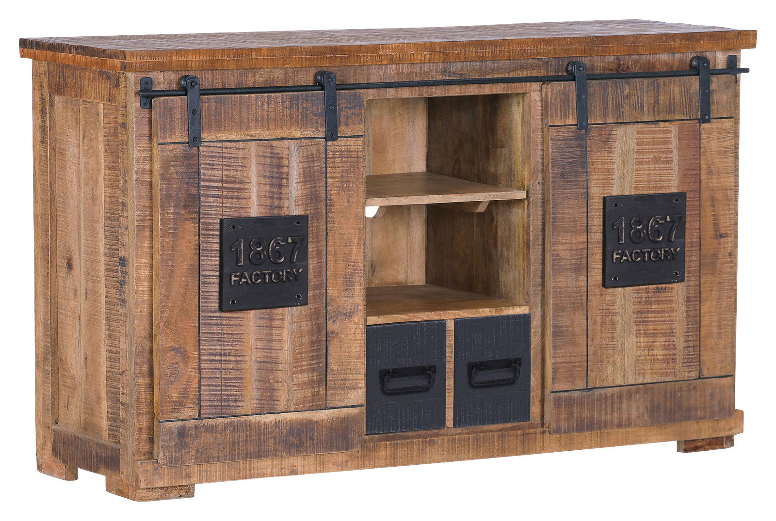 Rustikales Sideboard aus Holz mit Schiebetüren und Metallakzenten, seitliche Perspektive