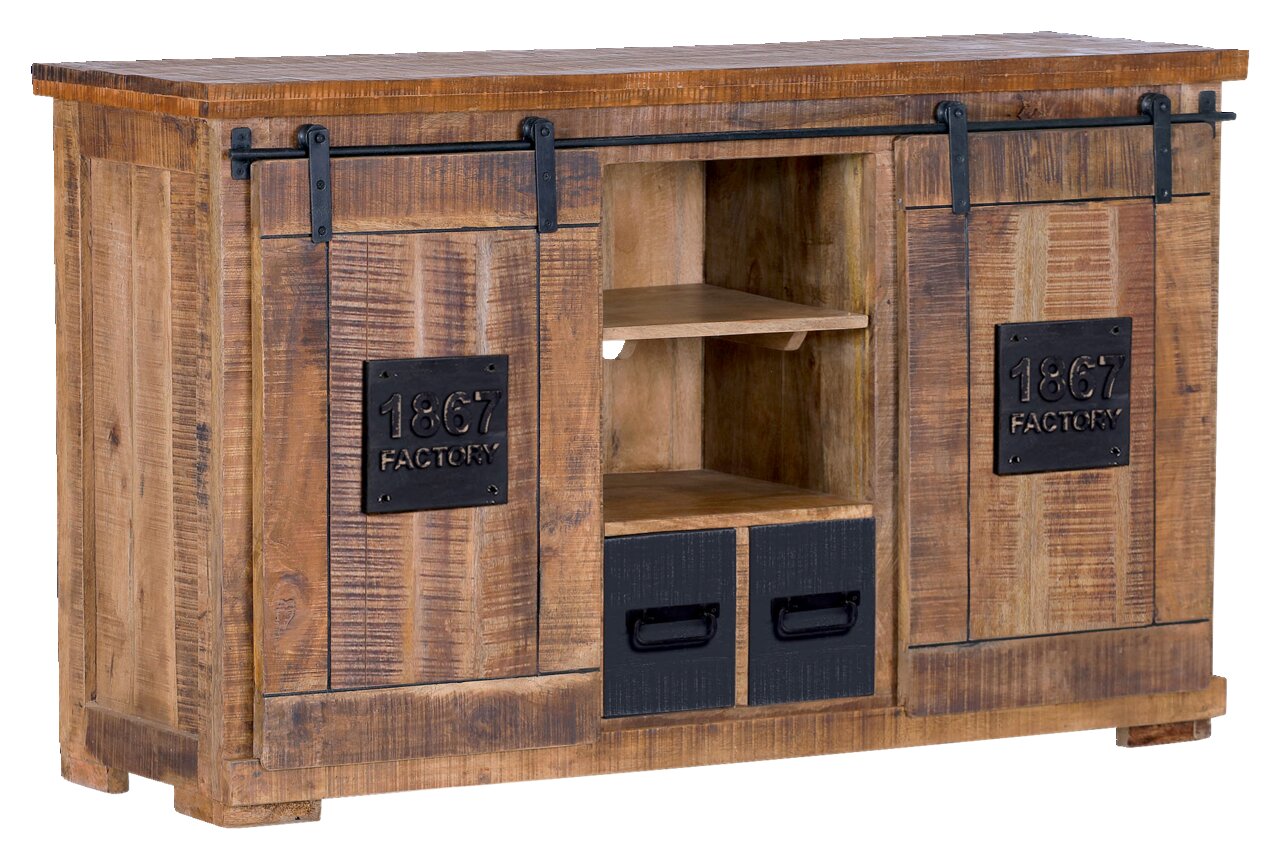 Rustikales Sideboard aus Holz mit Schiebetüren und Metallakzenten, seitliche Perspektive