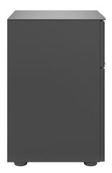 Seitenansicht einer modernen, dunkelgrauen Nachtkommode mit glatter Oberfläche und minimalistischen Design.