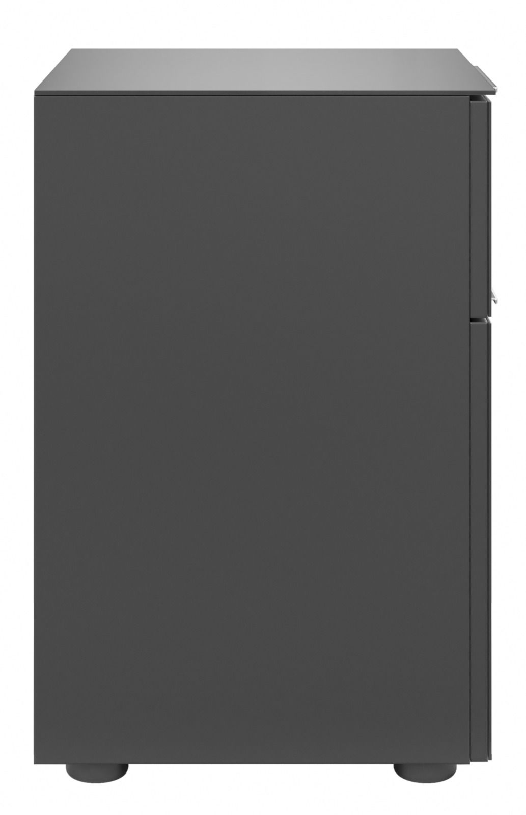 Seitenansicht einer modernen, dunkelgrauen Nachtkommode mit glatter Oberfläche und minimalistischen Design.