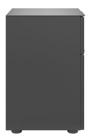 Seitenansicht einer modernen, dunkelgrauen Nachtkommode mit glatter Oberfläche und minimalistischen Design.