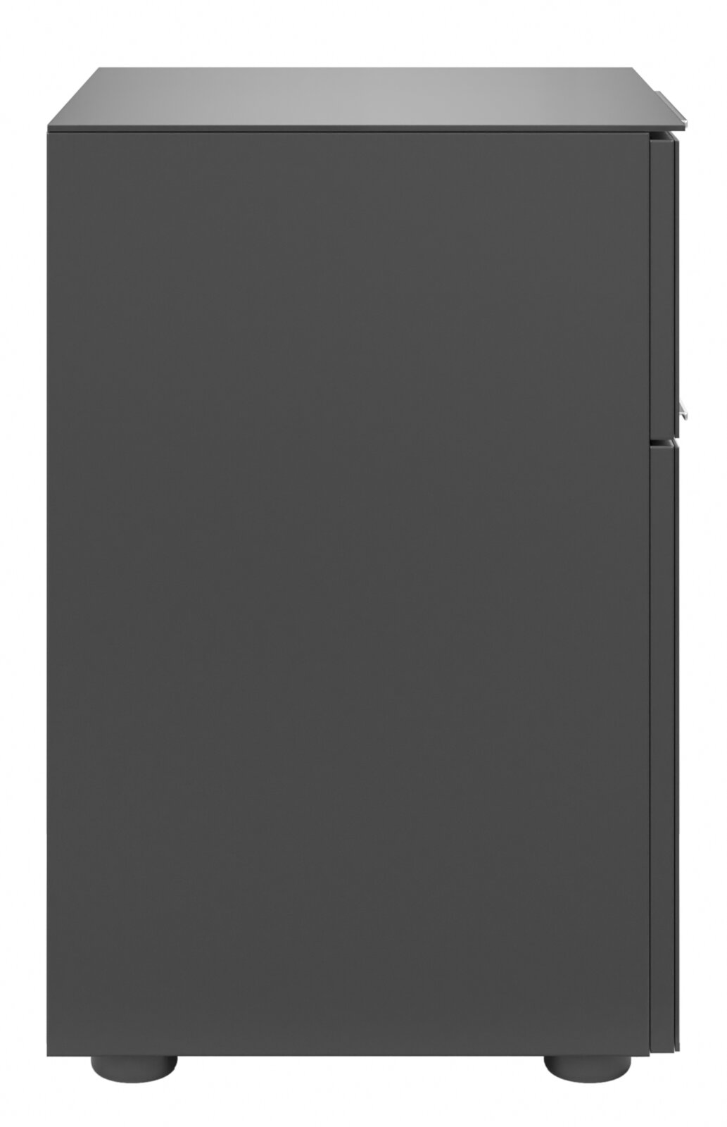 Seitenansicht einer modernen, dunkelgrauen Nachtkommode mit glatter Oberfläche und minimalistischen Design.