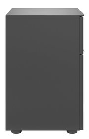 Seitenansicht einer modernen, dunkelgrauen Nachtkommode mit glatter Oberfläche und minimalistischen Design.