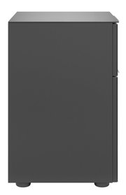 Seitenansicht einer modernen, dunkelgrauen Nachtkommode mit glatter Oberfläche und minimalistischen Design.