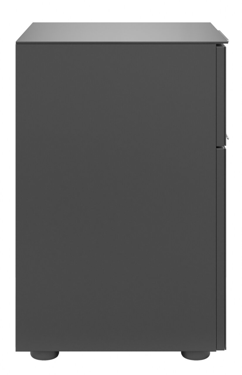 Seitenansicht einer modernen, dunkelgrauen Nachtkommode mit glatter Oberfläche und minimalistischen Design.