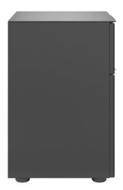 Seitenansicht einer modernen, dunkelgrauen Nachtkommode mit glatter Oberfläche und minimalistischen Design.
