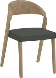 Moderner Stuhl mit Holzrahmen und dunkler Sitzfläche, seitliche Perspektive