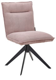 Moderner Stuhl mit rosa Cordbezug und schwarzem Metallgestell, seitliche Perspektive