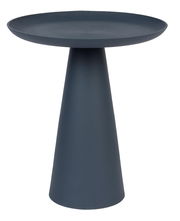 Moderner, dunkelgrauer Beistelltisch mit konischer Basis und runder Tischplatte, seitliche Perspektive