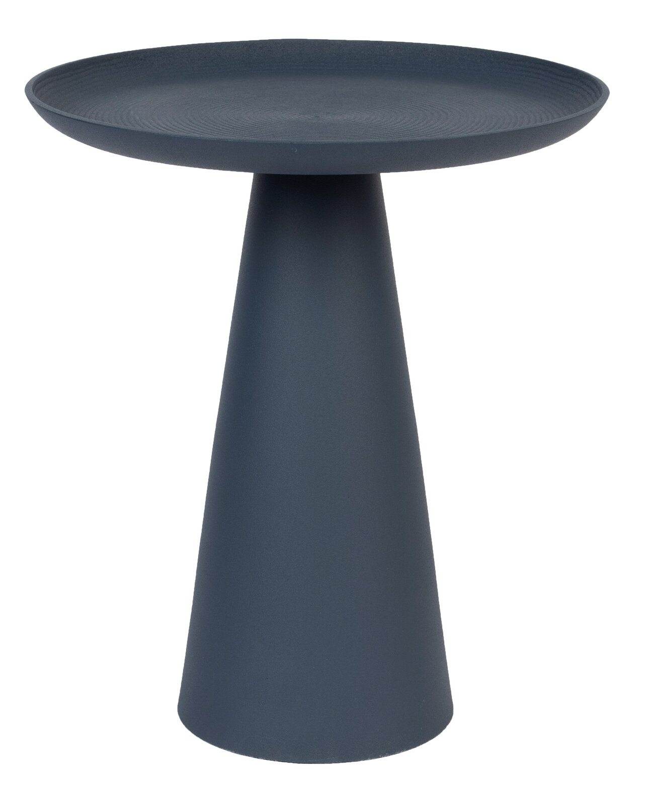 Moderner, dunkelgrauer Beistelltisch mit konischer Basis und runder Tischplatte, seitliche Perspektive