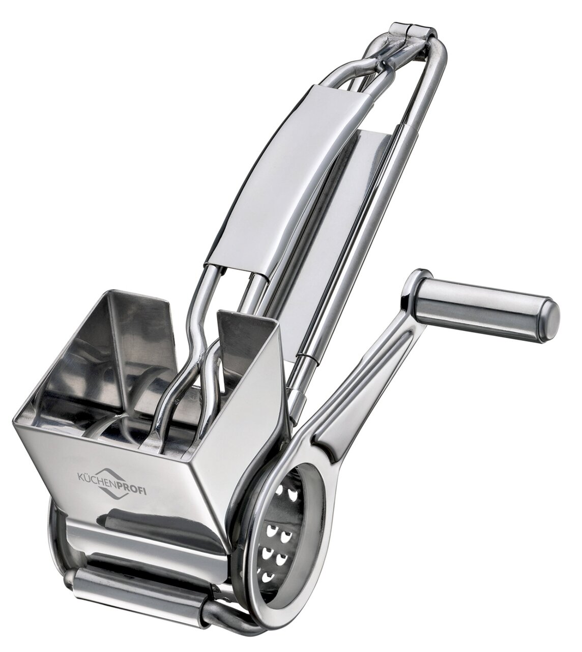 Käsereibe aus Edelstahl, seitliche Perspektive, mit Kurbelgriff und Trommelreibe.