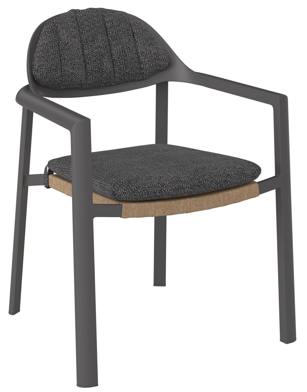 Moderne loungestoel met grijze stoffen bekleding en een zwart metalen frame, zijaanzicht