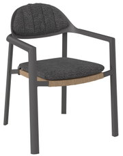 Moderne loungestoel met grijze stoffen bekleding en een zwart metalen frame, zijaanzicht