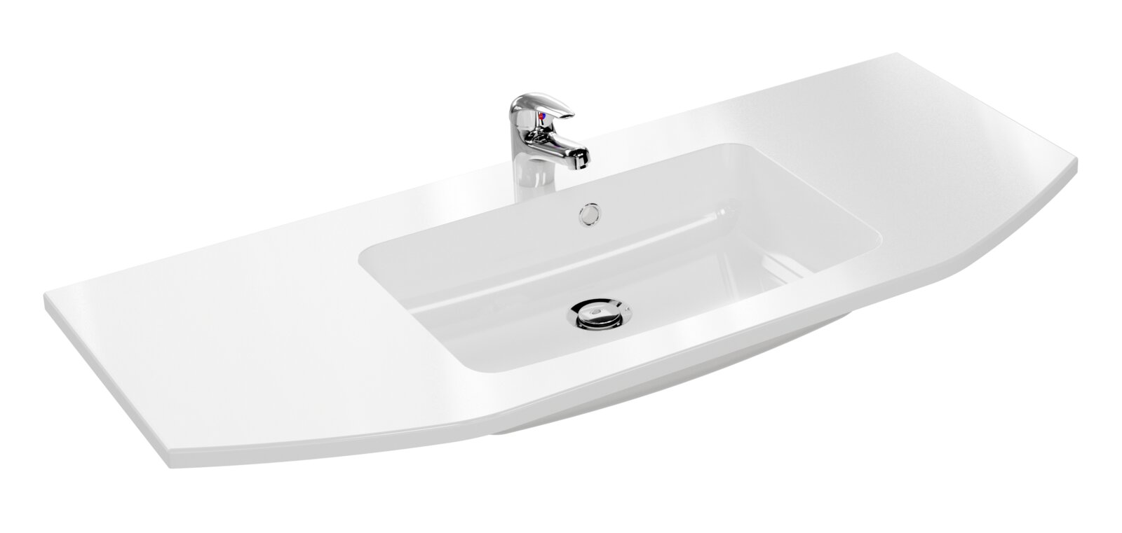XORA Keramische wastafel ATHEN Witte, moderne wastafel met geïntegreerd opbergvak en verchroomde eengreepsmengkraan, schuin van bovenaf afgebeeld in driekwartperspectief op een witte achtergrond
