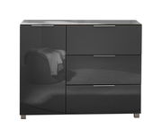 Moderne, dunkelgraue Kommode mit Hochglanzoberfläche, drei Schubladen und einer Tür, frontal abgebildet.