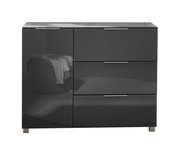 Moderne, dunkelgraue Kommode mit Hochglanzoberfläche, drei Schubladen und einer Tür, frontal abgebildet.