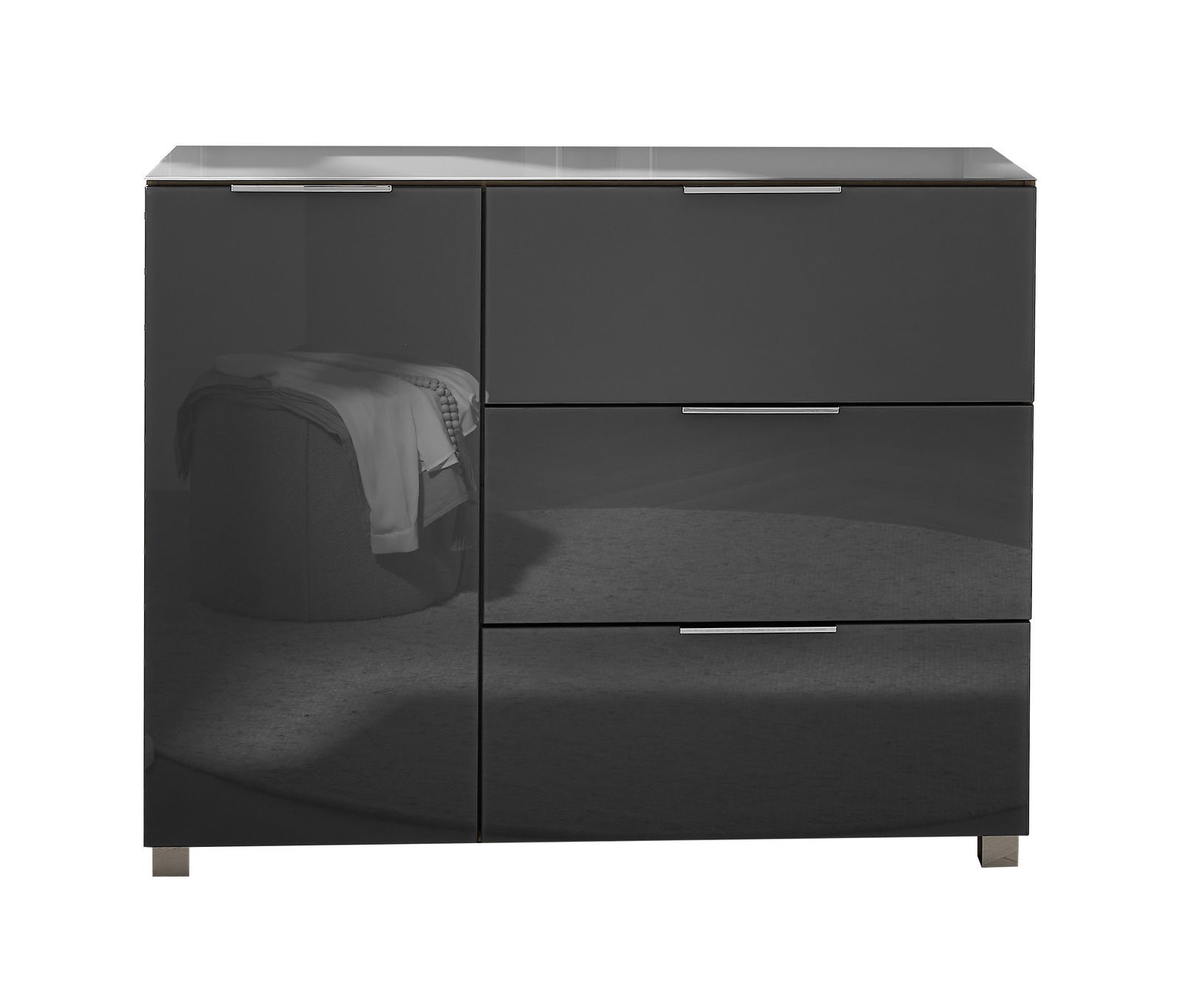 Moderne, dunkelgraue Kommode mit Hochglanzoberfläche, drei Schubladen und einer Tür, frontal abgebildet.
