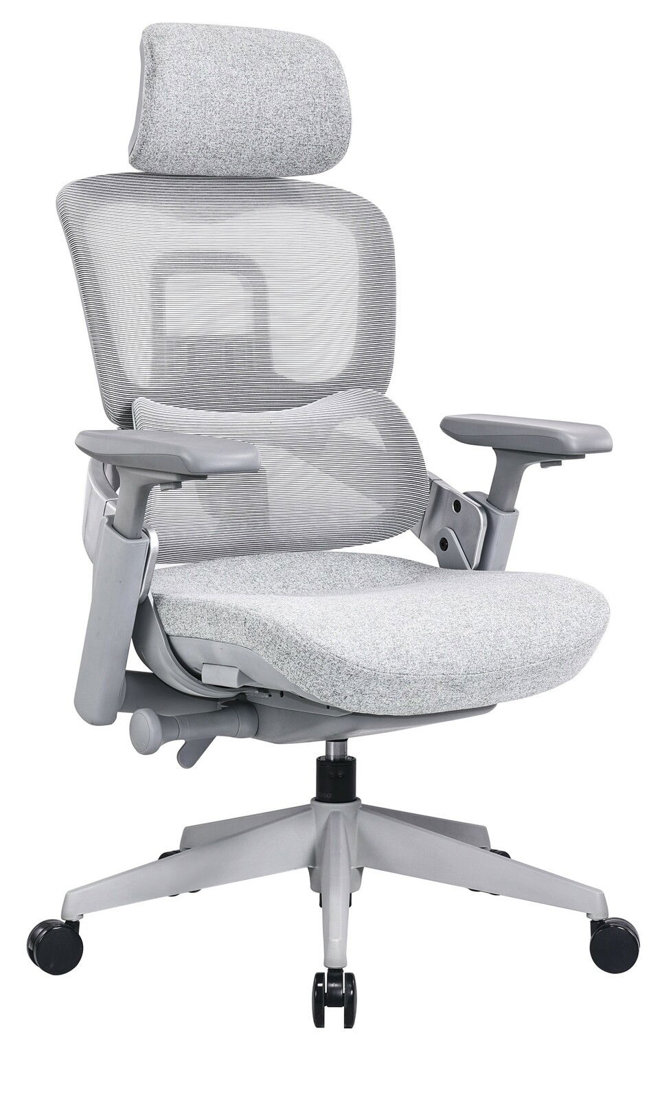 Moderner grauer Drehstuhl mit Netzrückenlehne und Kopfstütze, seitliche Perspektive