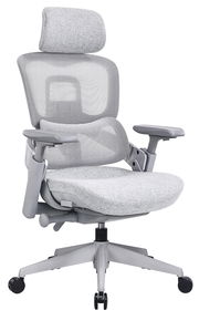 Moderner grauer Drehstuhl mit Netzrückenlehne und Kopfstütze, seitliche Perspektive