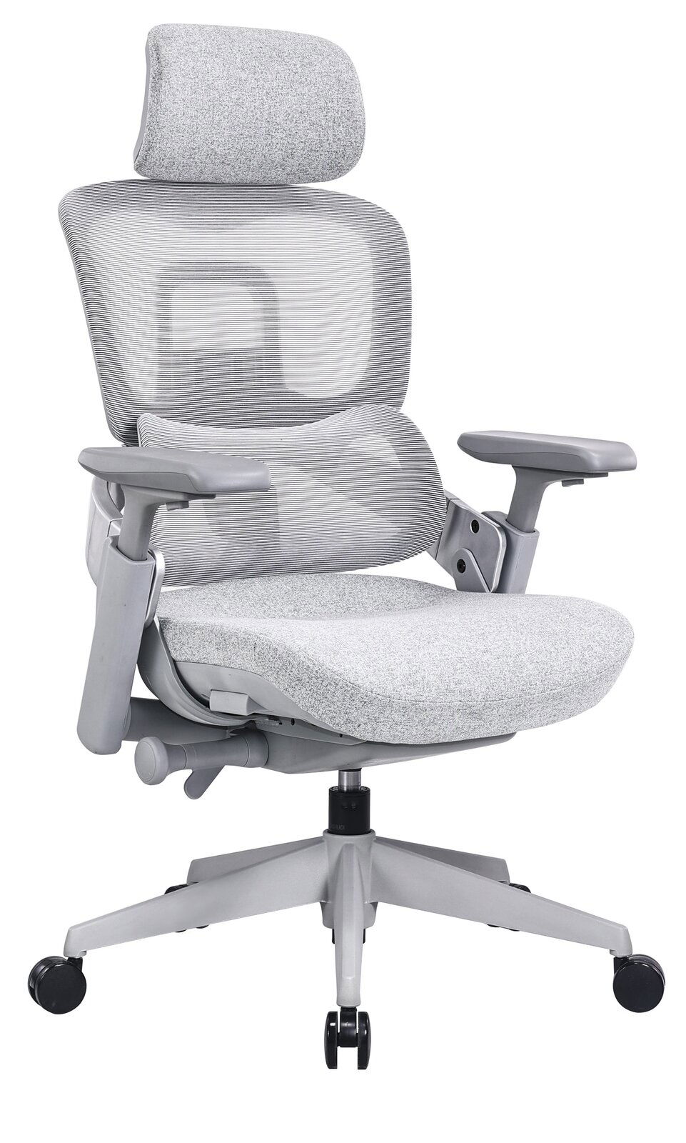 Moderner grauer Drehstuhl mit Netzrückenlehne und Kopfstütze, seitliche Perspektive