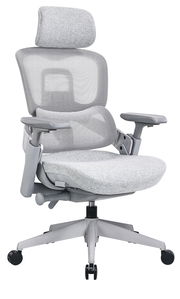 Moderner grauer Drehstuhl mit Netzrückenlehne und Kopfstütze, seitliche Perspektive