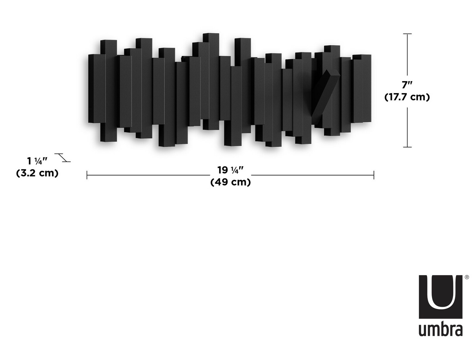 Schwarze Wandgarderobe von Umbra mit modernem, geometrischem Design, Vorderansicht.